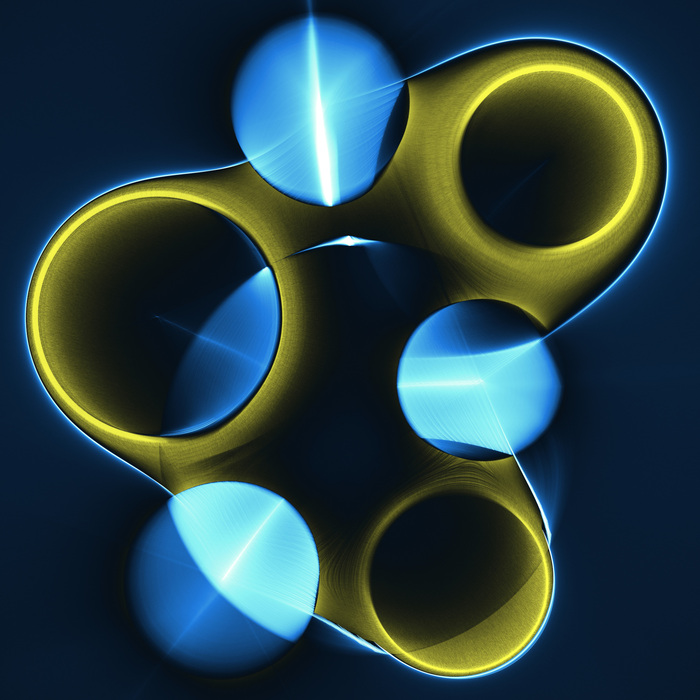 Abstract digital art showing four glowing, yellow-ringed circles overlapping on a dark blue background, with bright blue light and reflections radiating from their edges, creating a futuristic and dynamic effect that evokes the interconnected energy of e-commerce networks.