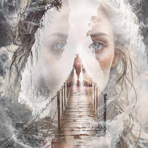 A surreal image of a misty suspension bridge leading to a silhouette, overlaid with a translucent woman’s face, blending nature and portrait elements in a dreamlike scene—an evocative visual that could intrigue any e-commerce audience seeking artistic inspiration.