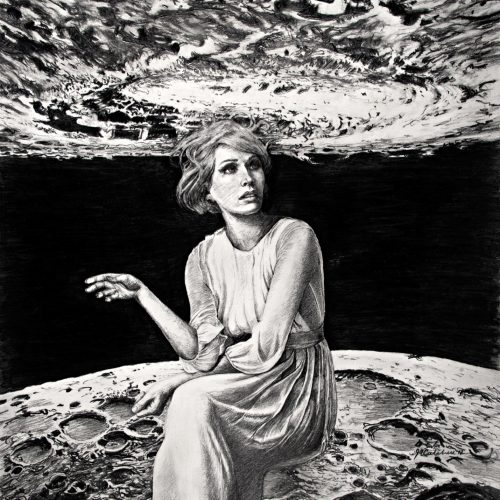 A woman in a dress sits on a cratered moon surface, gazing upward, with a dramatic, swirling sky above her. The image is in black and white and has a surreal, dreamlike atmosphere—blending cosmic wonder with the quiet allure of e-commerce fantasy.