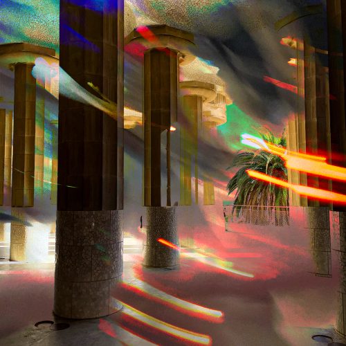 Tall stone columns under a mosaic ceiling, illuminated by colorful, streaking lights evoke the dynamic energy of e-commerce. A palm tree stands in the background, with mist and shadows creating a surreal atmosphere.