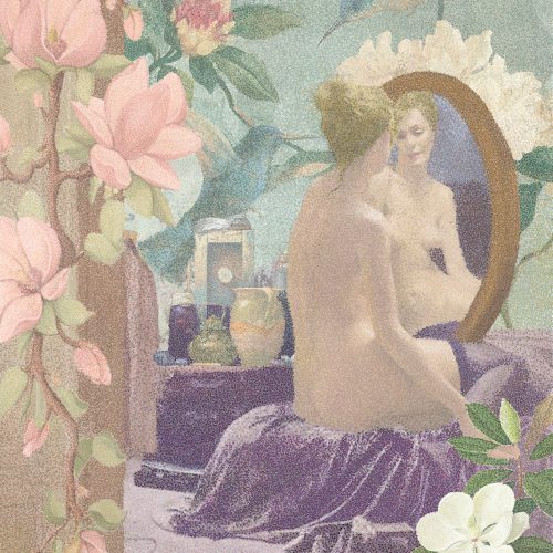 A woman sits nude on a purple cloth, gazing thoughtfully into a mirror. She is surrounded by flowers, vases, and hummingbirds—a scene reminiscent of an e-commerce showcase—set against a pastel, dreamy background.
