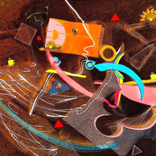Abstract artwork with swirling lines, geometric shapes, clocks, and a stylized sun on a textured brown background, featuring yellow, pink, blue, and orange accents throughout the composition—perfect for adding modern sophistication to any e-commerce space.