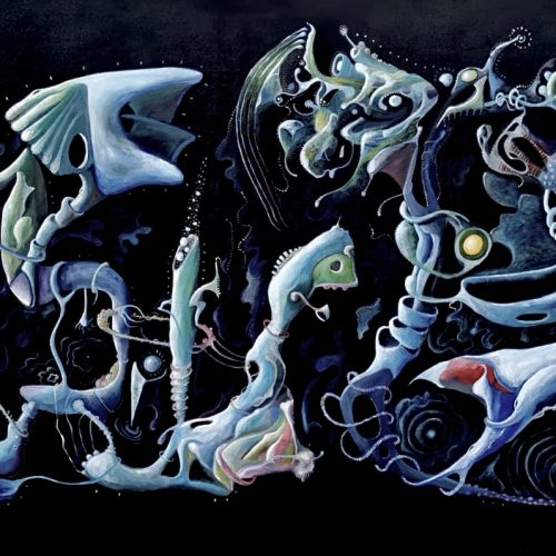 Surreal abstract painting with blue and white organic shapes resembling fantastical creatures and forms, set against a dark background, creating a dreamlike, mysterious atmosphere—an imaginative piece that would make a striking addition to any e-commerce art collection.