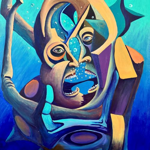 A surreal underwater painting reminiscent of a mesmerizing e-commerce storefront, featuring a distorted human face merging with abstract fish-like shapes, with bubbles rising and vivid blue and teal tones dominating the scene.