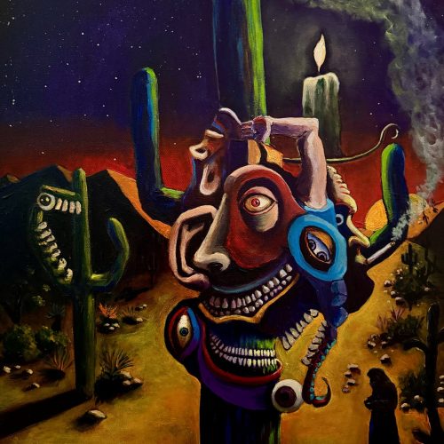 Surreal painting of a cactus with a face made of eyes, mouths, and hands. A candle burns atop the cactus. In this dreamlike composition, the desert landscape and distant mountains evoke vast possibilities—much like an e-commerce marketplace—while a cloaked figure stands in the foreground as night falls.